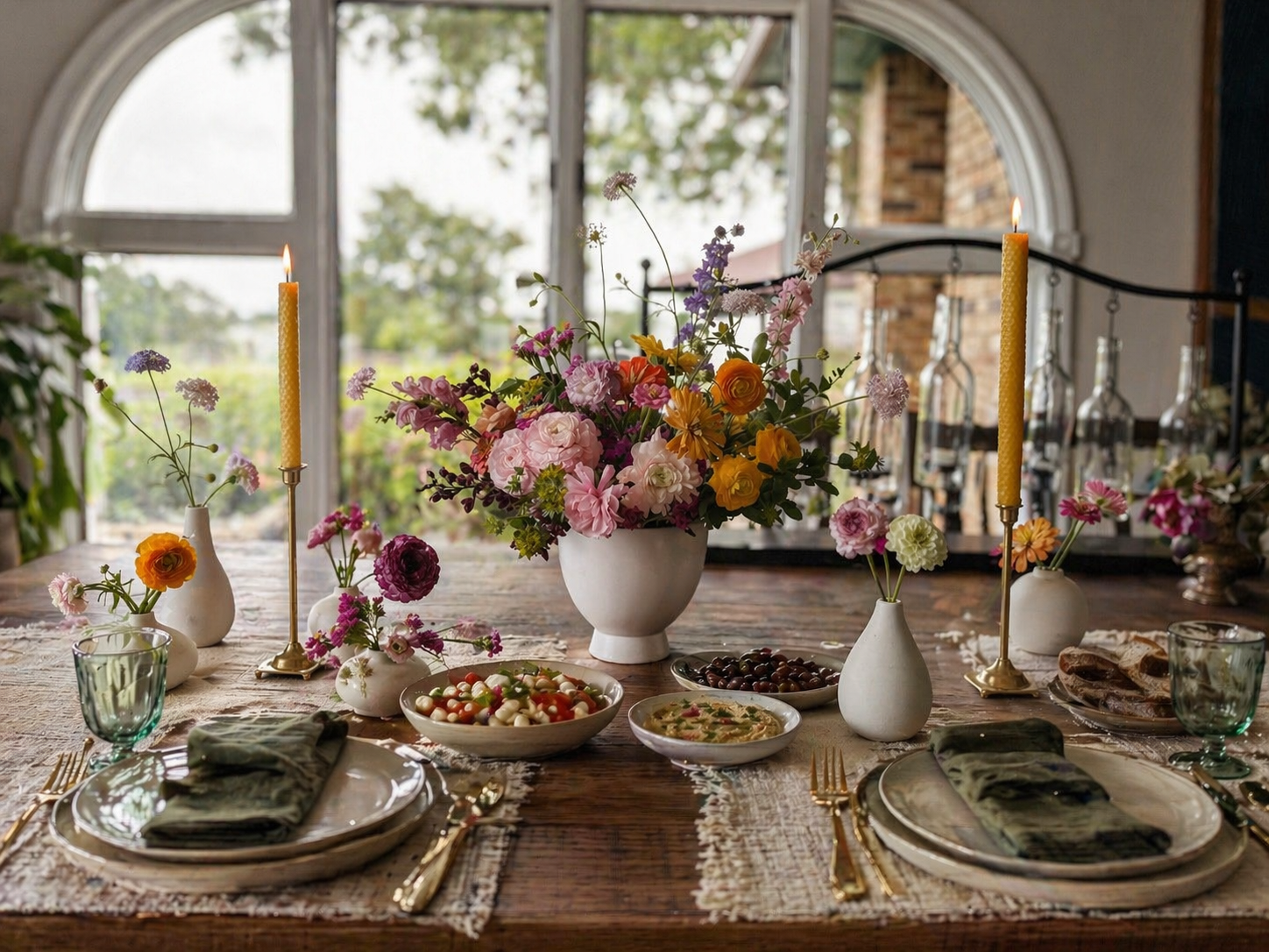 Seasonal Hosting Flowers arranged naturally across a gathering table with Texas-grown garden-style flowers, candles, and layered bud vases at Bella Vista Farm in Brenham, Texas