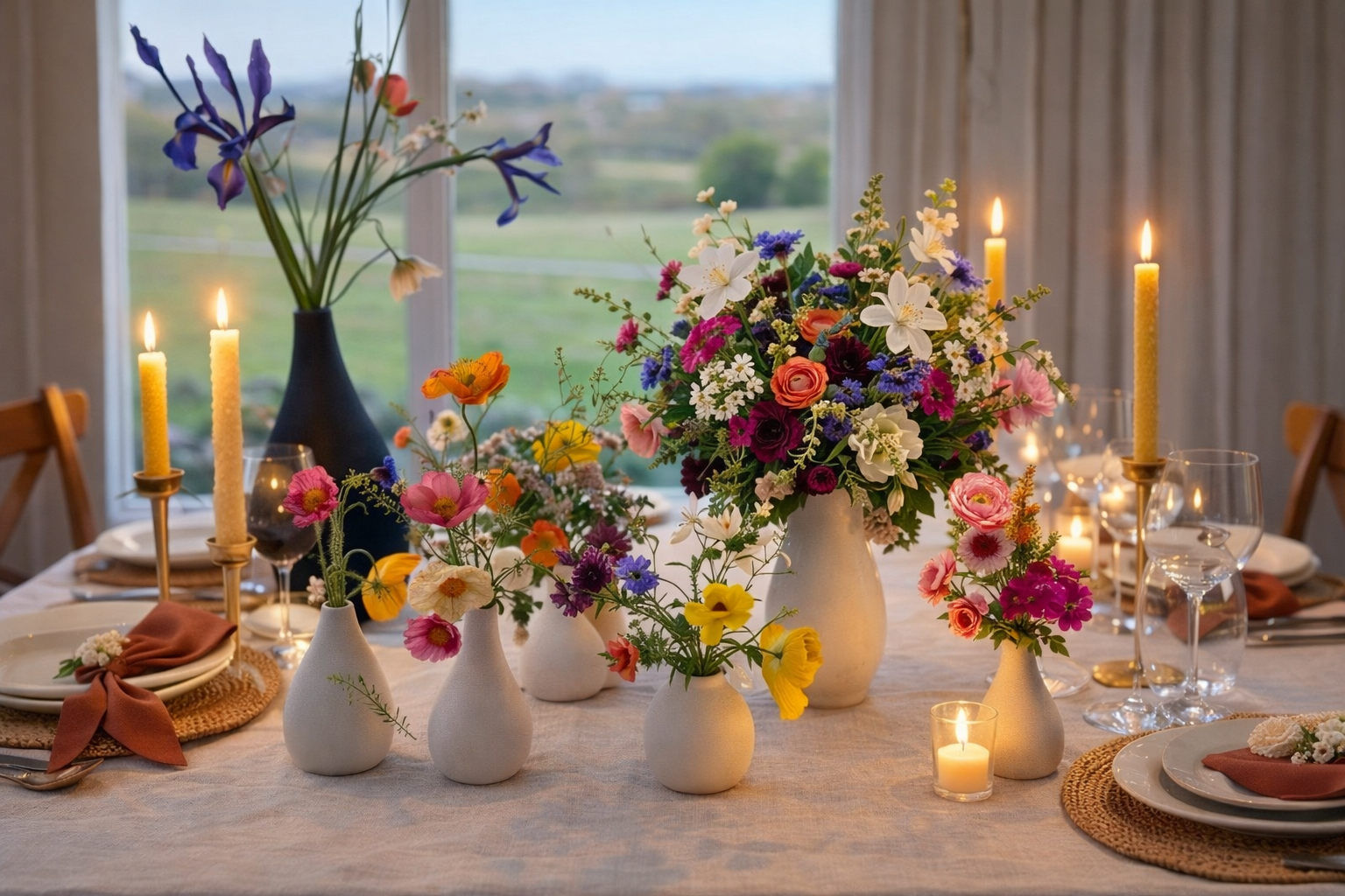 Garden-style table flowers with seasonal Texas-grown blooms arranged naturally for a graduation gathering and spring entertaining at Bella Vista Farm in Brenham, Texas
