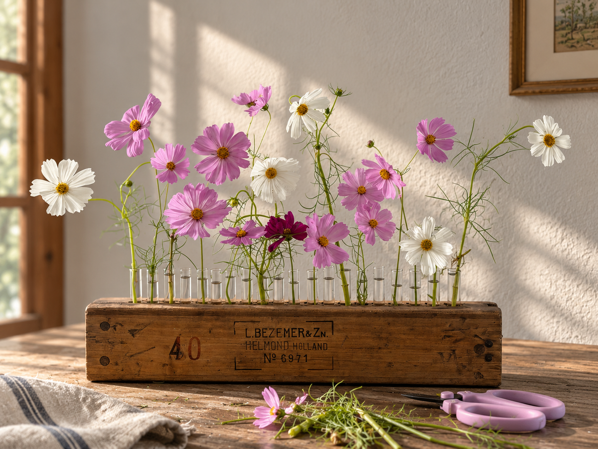 Antique wooden cigar press vase with fall arrangement of fresh seasonal flowers, Bella Vista Farm near Brenham, Texas