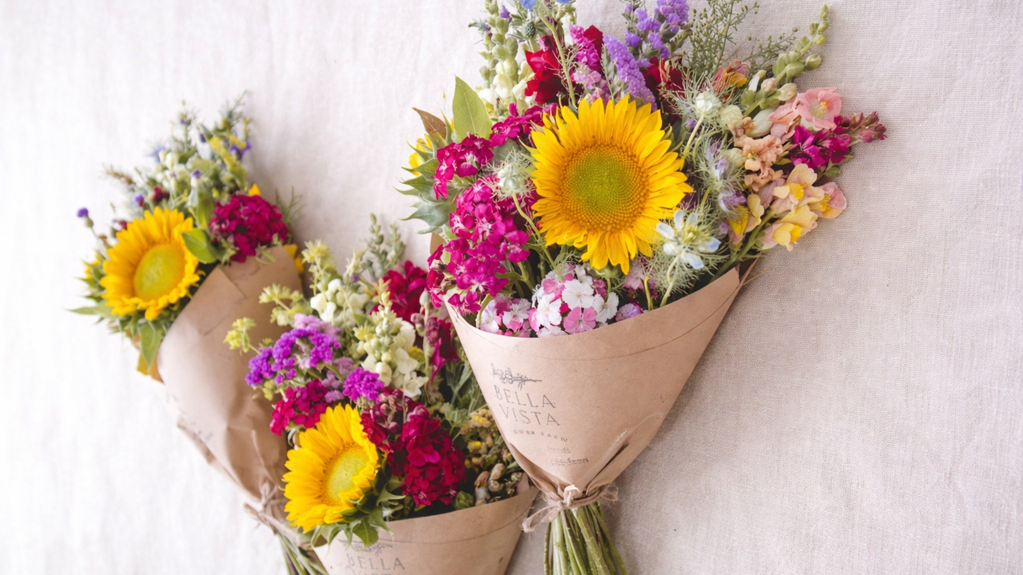 Farm-fresh spring bouquet with Icelandic sunflowers, snapdragons, and seasonal flowers grown at Bella Vista Flower Farm in Texas.