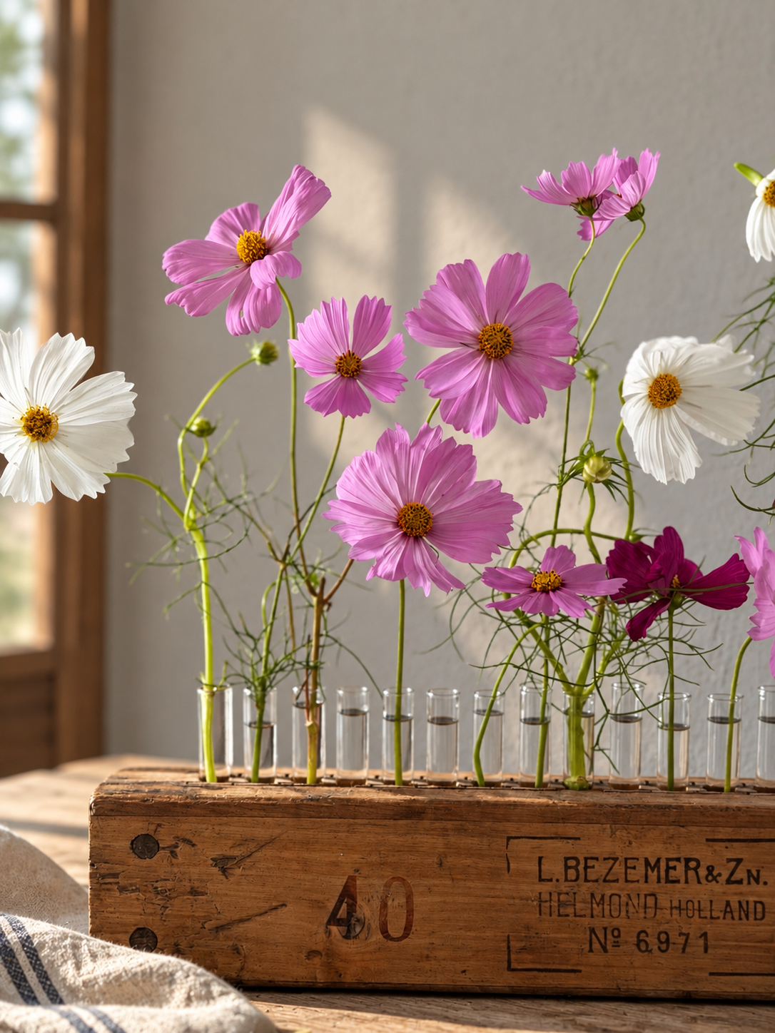 Antique wooden flower vase done from cigar press holding fresh, locally grown cosmos from Bella Vista Flower Farm in Brenham, Texas.