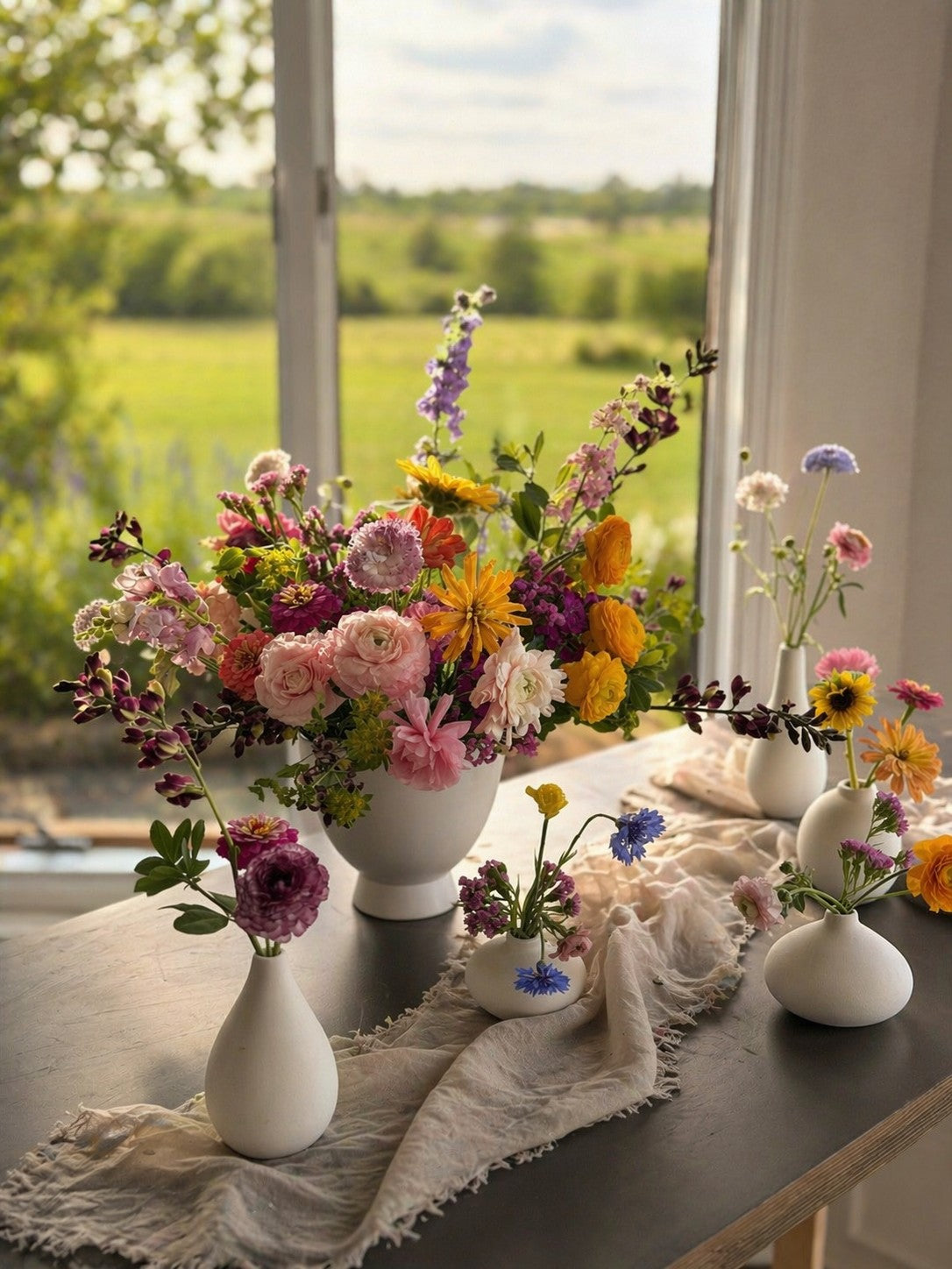 Medium garden-style flower arrangement with bud vases created from a Hosting Flowers bucket by Bella Vista Flower Farm