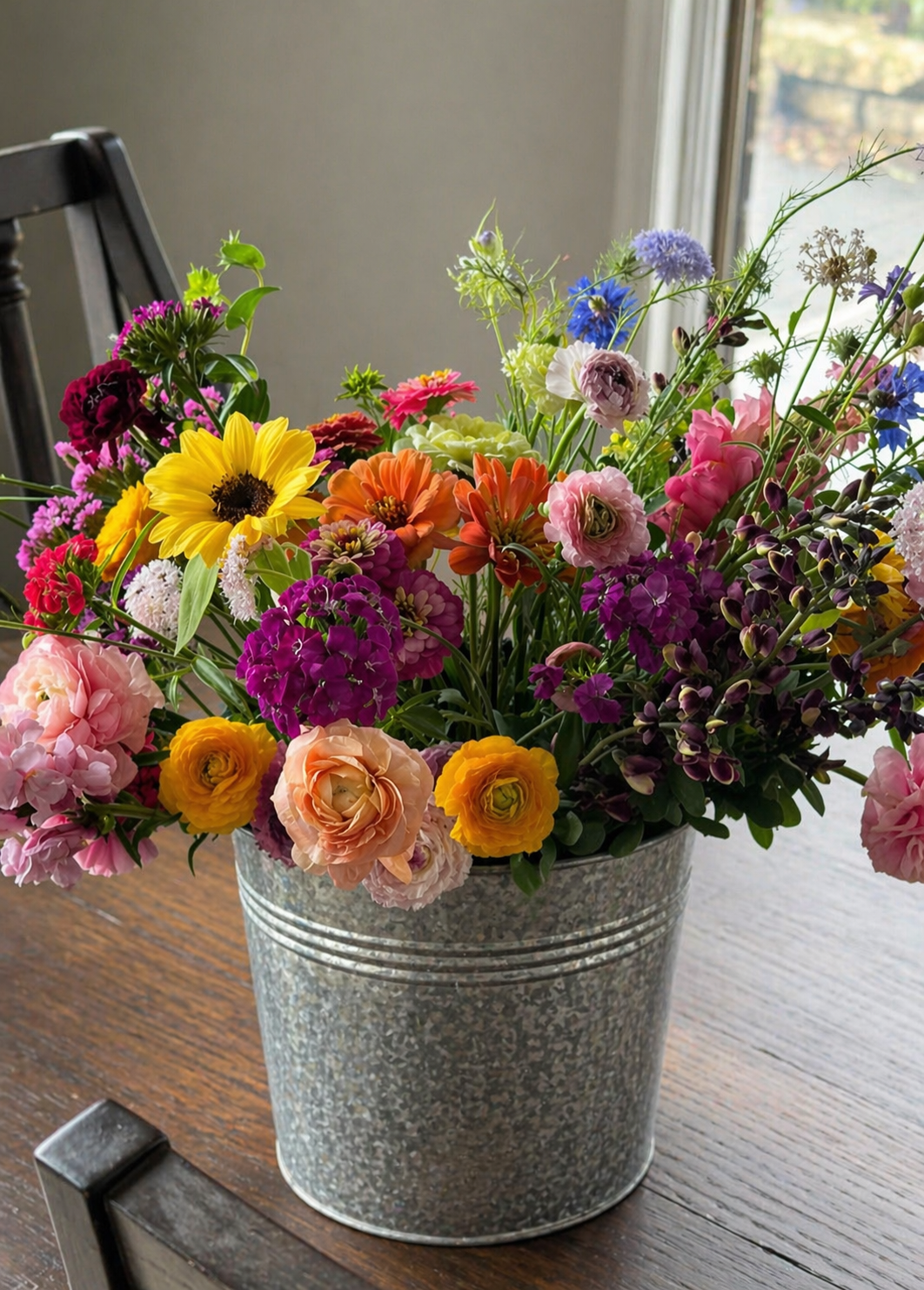 Hosting Flowers bucket with seasonal garden-style flowers from Bella Vista Flower Farm in Brenham, Texas
