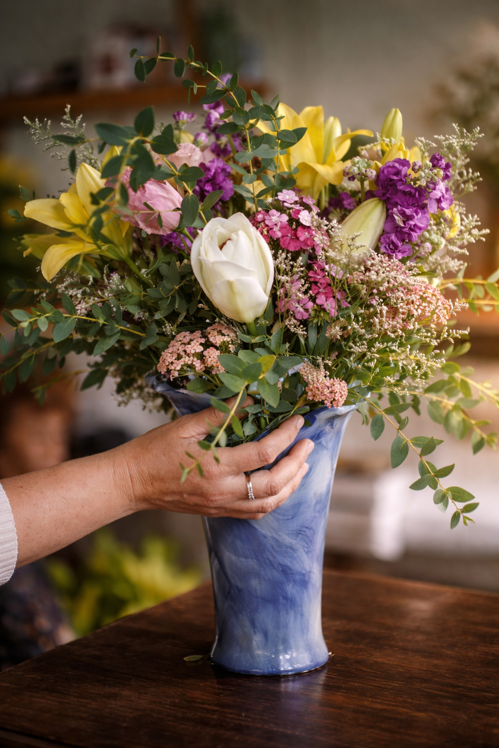 Seasonal farm-grown bouquet styled in a vase as part of a flower subscription