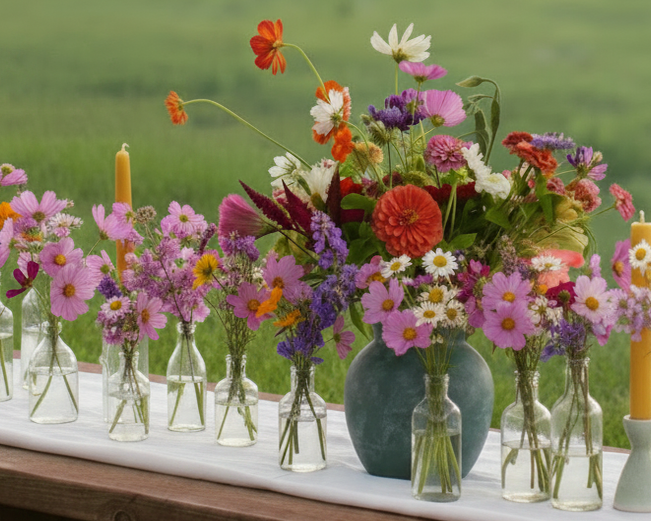 Summer table set with natural garden-style floral arrangements created from locally grown seasonal flowers.