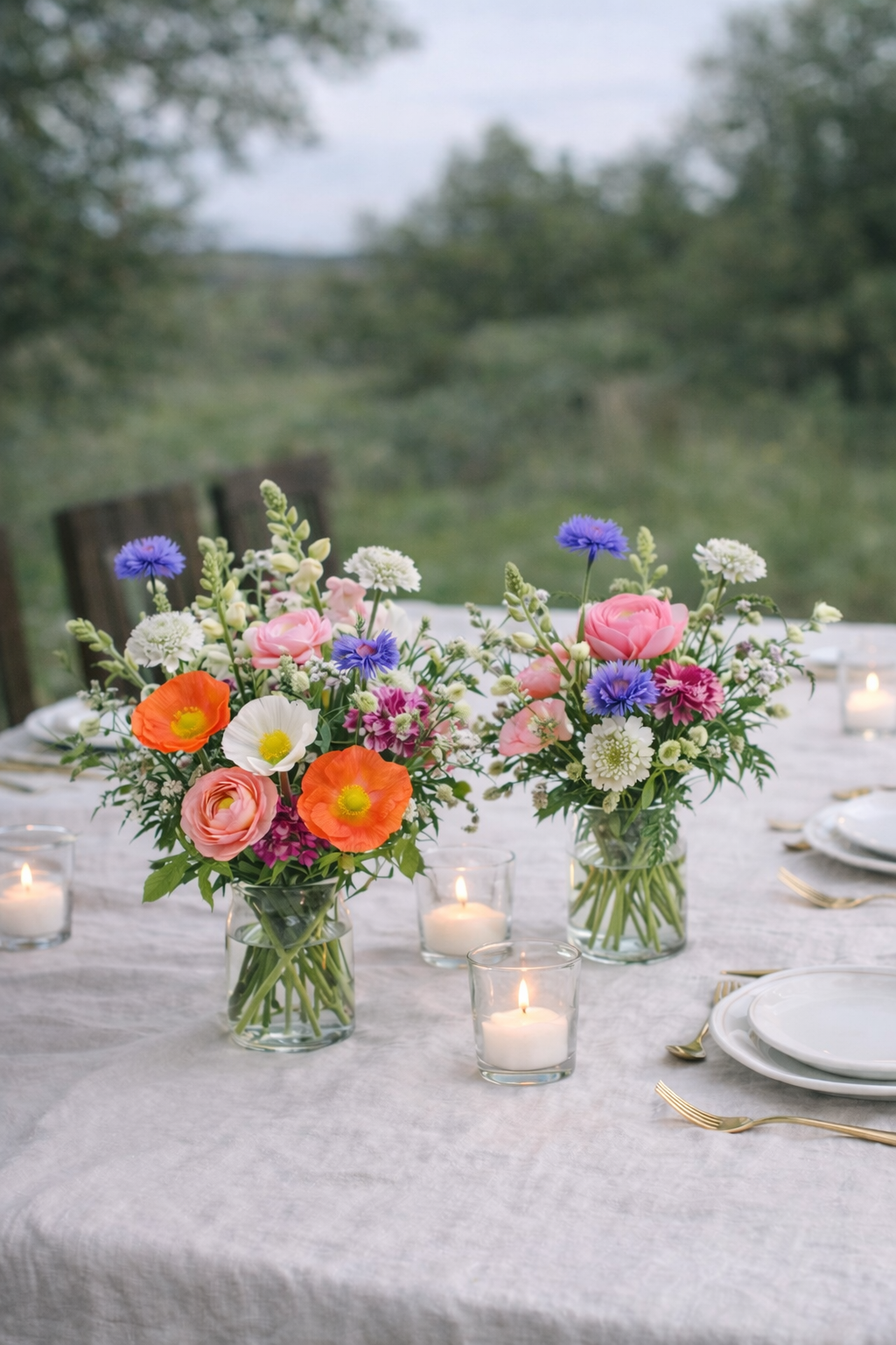 flower bucket stems arranged into multiple small vases table styling