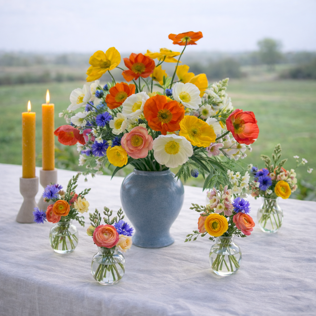 Table with small flower arrangements in bud vases using fresh flowers from a Texas flower farm