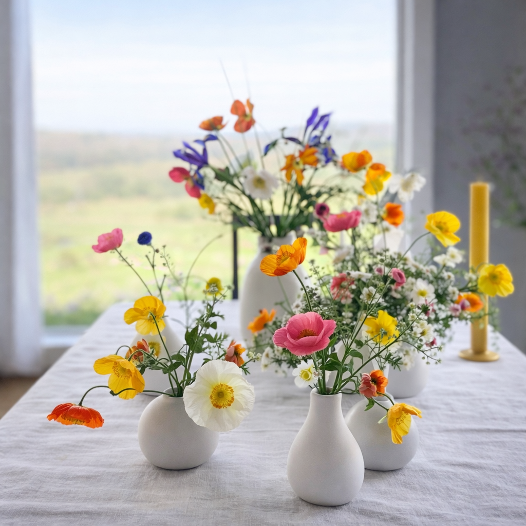 Spring table decorated with multiple bud vase arrangements created from a Bella Vista Hostess flower bucket of farm-grown flowers from Brenham, Texas.
