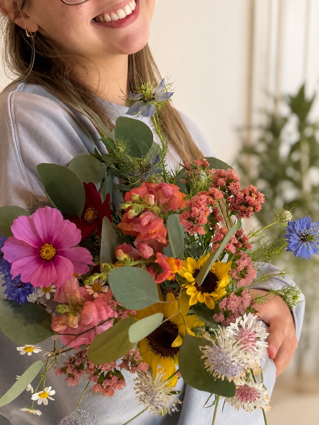 Farm-grown seasonal flower bouquet ready to give as a personal gift