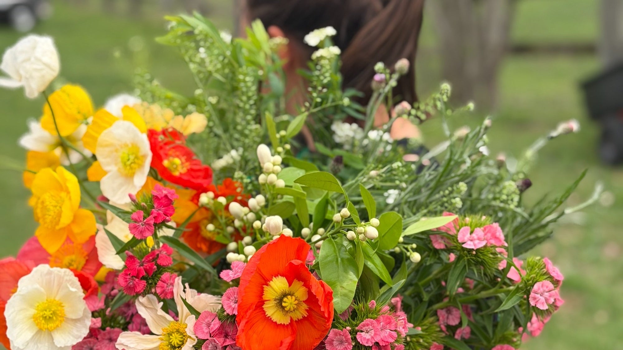 Spring flower bucket with seasonal blooms grown at Bella Vista Flower Farm in Texas